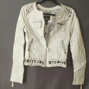 Daytrip Cream Leather Jacket with Unique Detailing